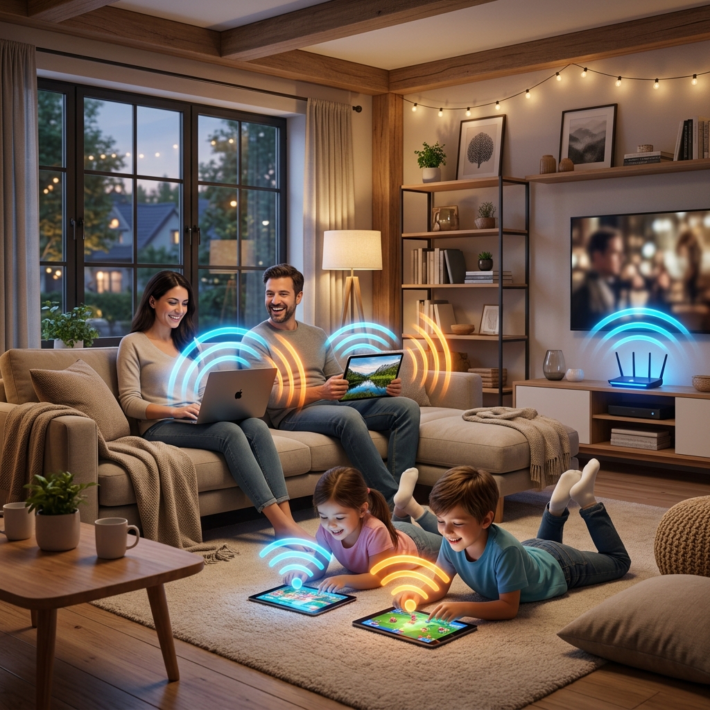 Gia đình tận hưởng sóng wifi khỏe kết nối mượt mà mọi góc phòng nhờ công nghệ Mesh FPT